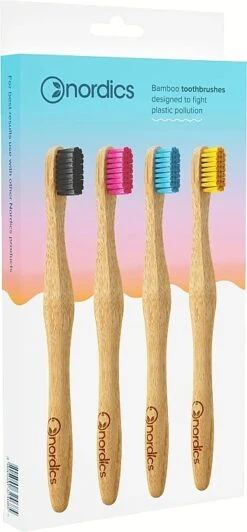 Brosses à Dents En Bambou, 4 Pcs, Noir, Rose, Bleu Et Jaune